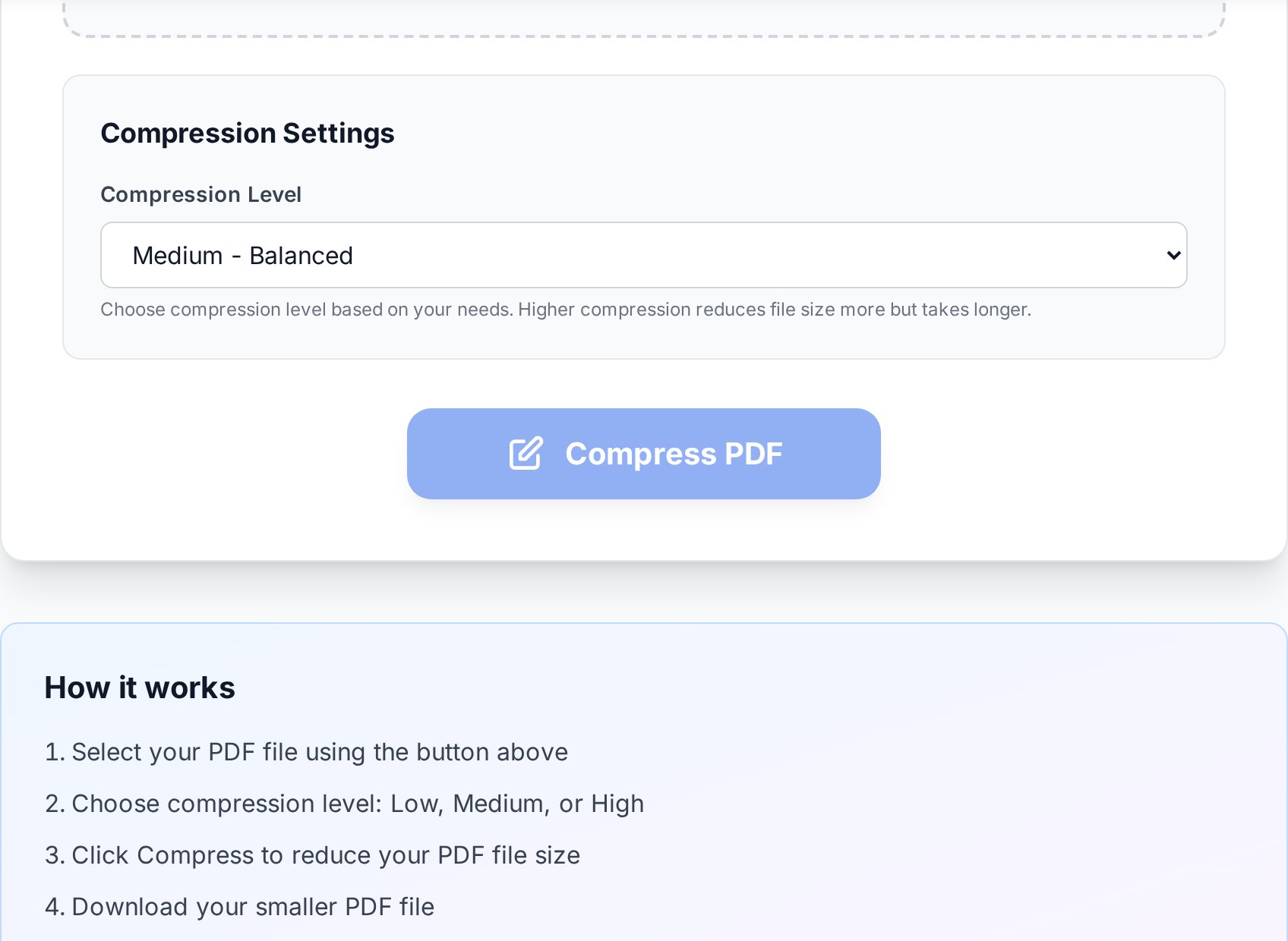 Step-by-step PDF compression जो low, medium और high preset selector के साथ