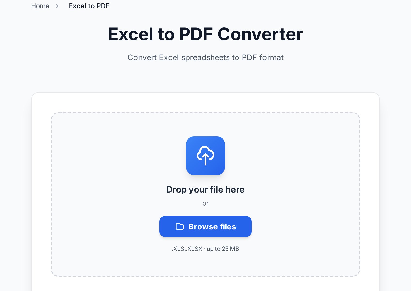 Convertica Excel to PDF converter file upload area के साथ