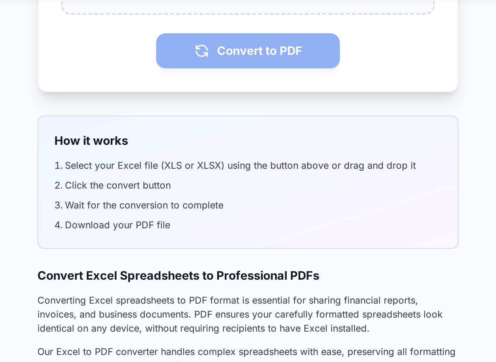 Convertica पर Excel to PDF conversion steps और options