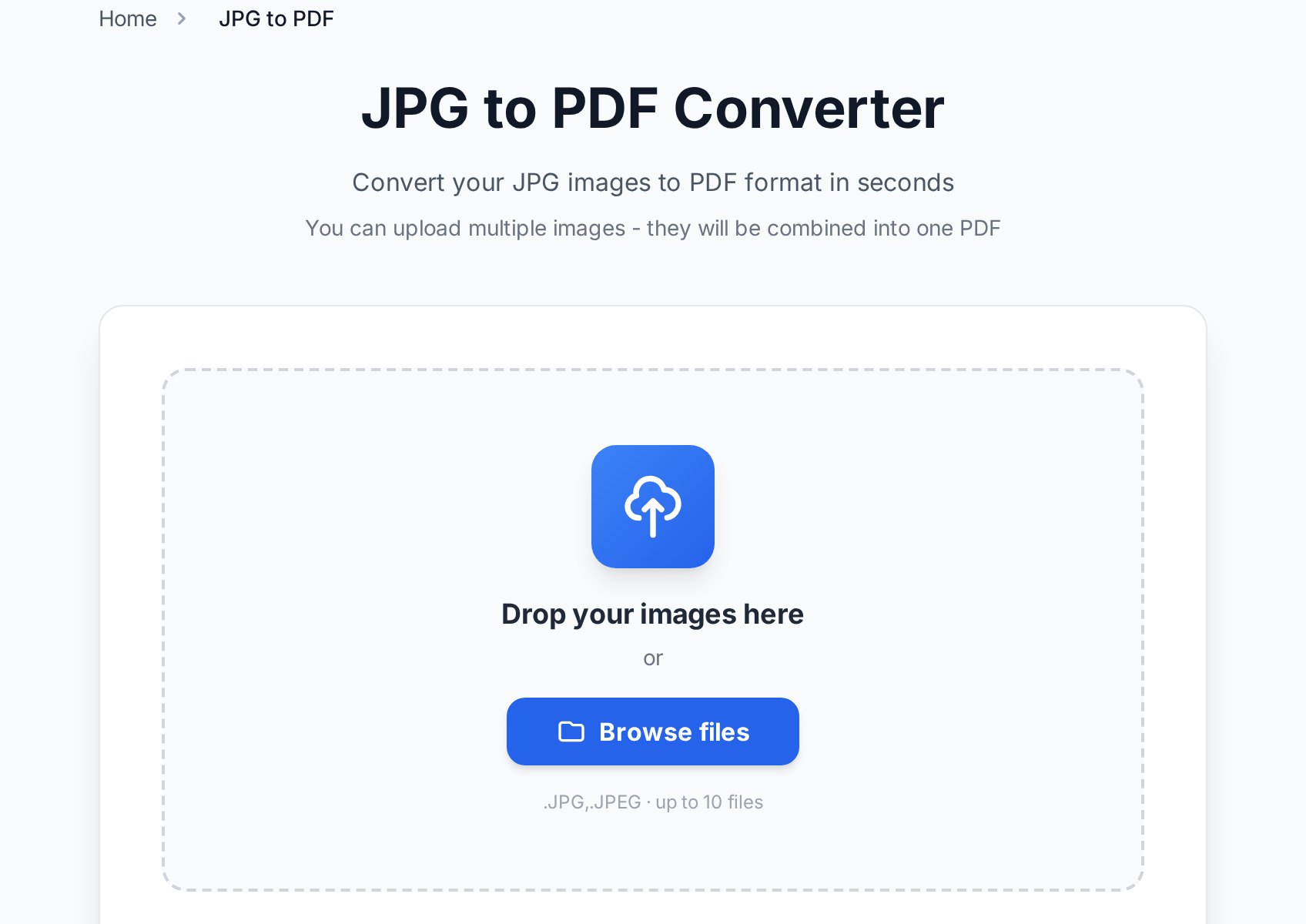 Convertica JPG to PDF tool कई images को एक document में combine करने के लिए