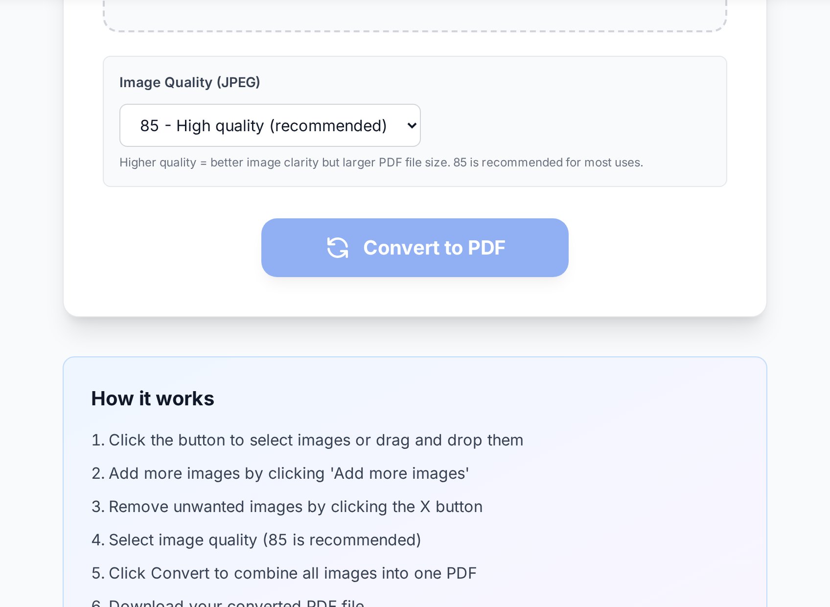 Quality options in the JPG to PDF converter