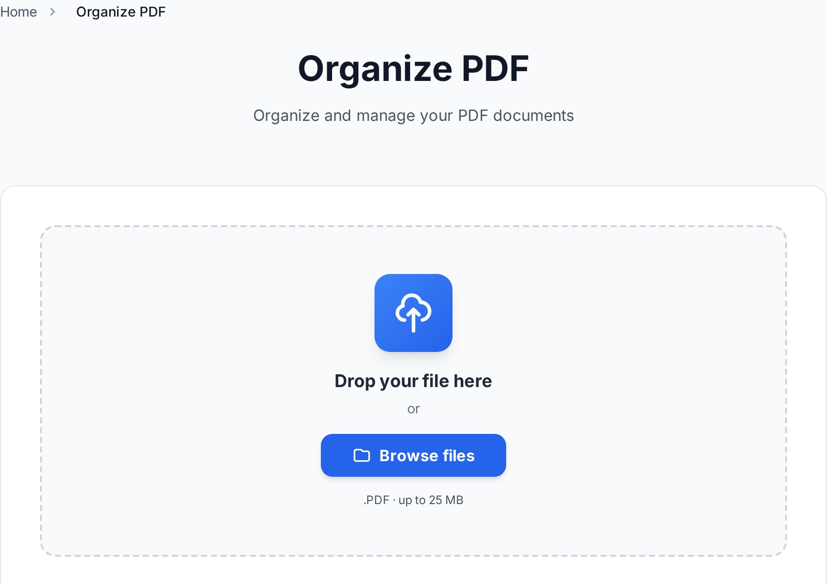 Convertica organize PDF tool drag-and-drop reordering के लिए thumbnail grid के साथ
