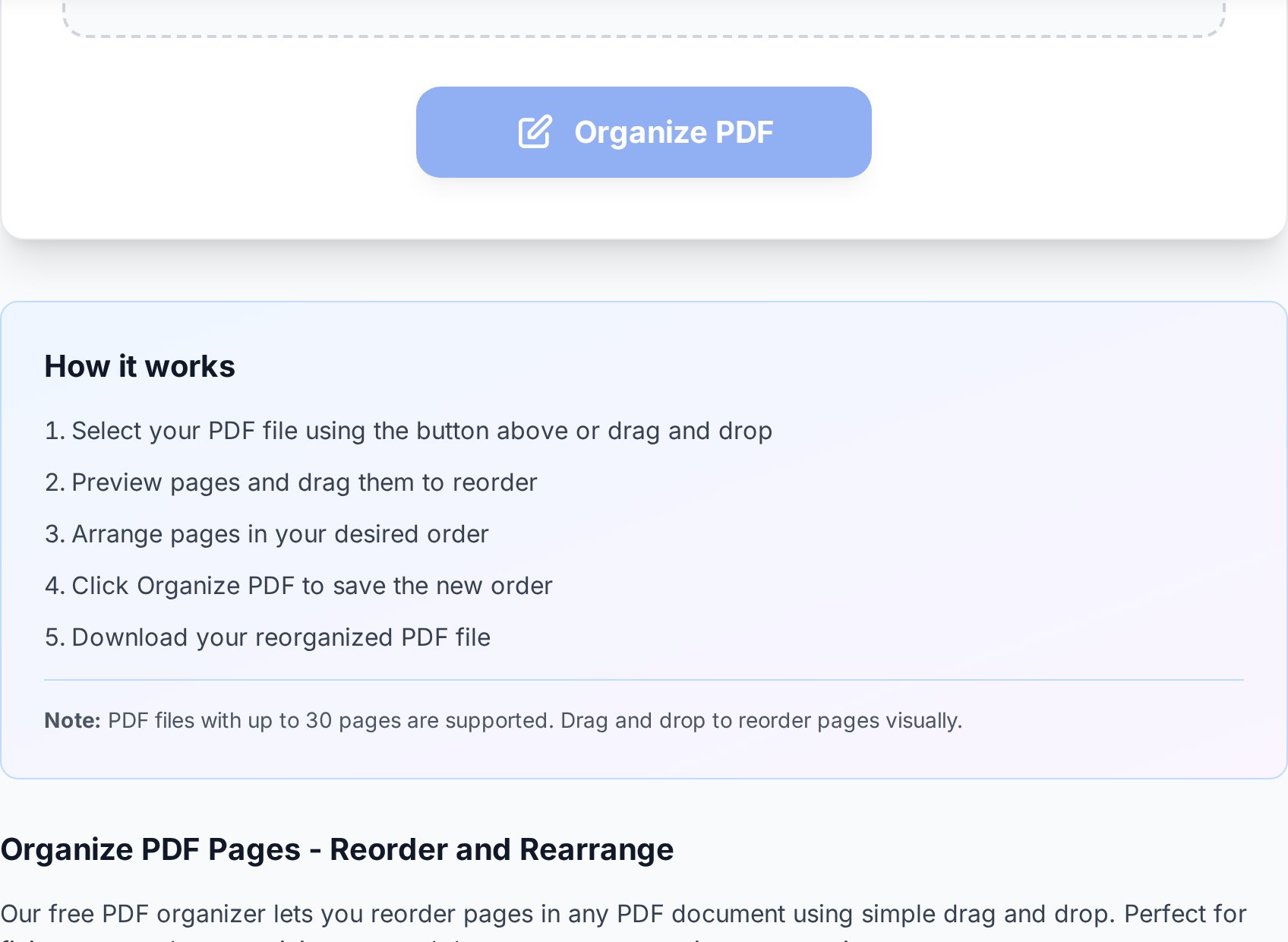 PDF page thumbnails drag and drop करें किसी भी order में rearrange करने के लिए