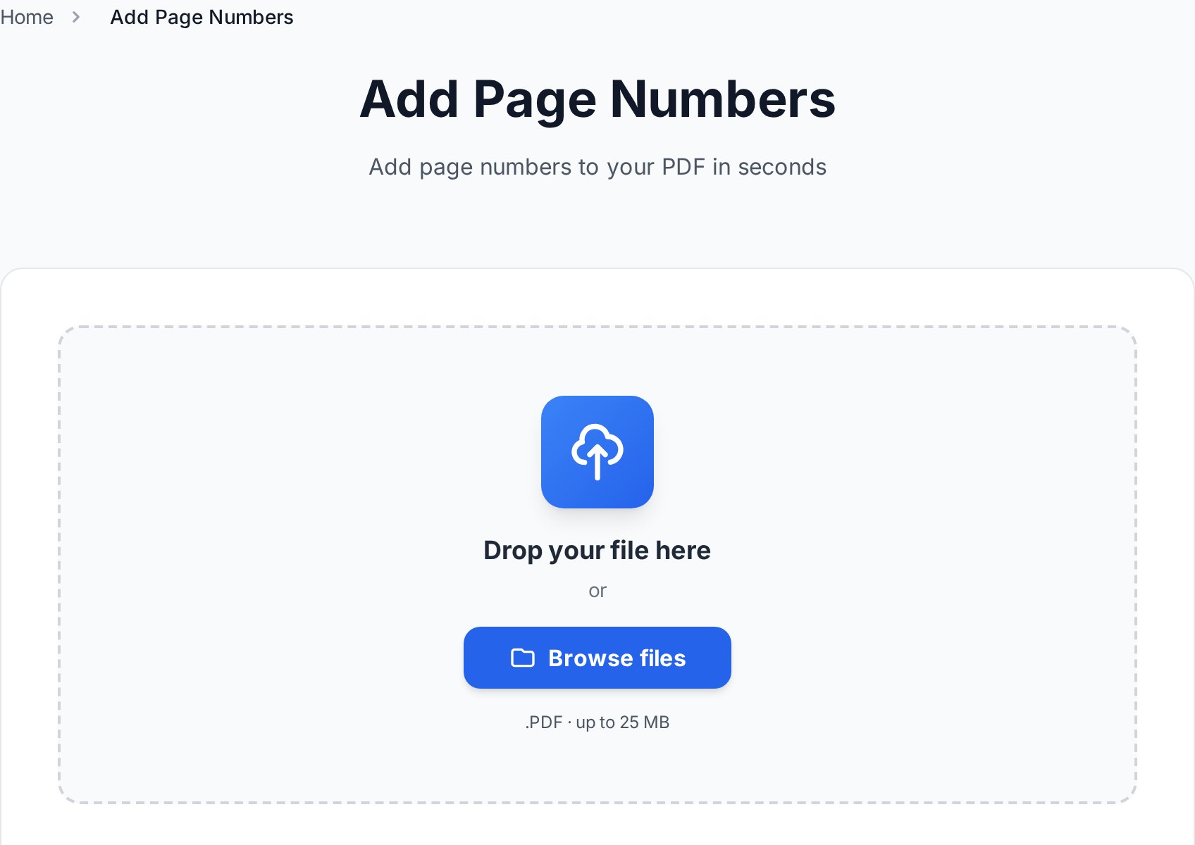 Convertica add page numbers tool file upload area के साथ