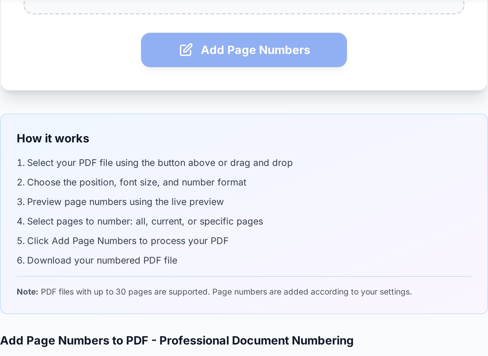 Page number options जिनमें position, format, और starting number शामिल हैं
