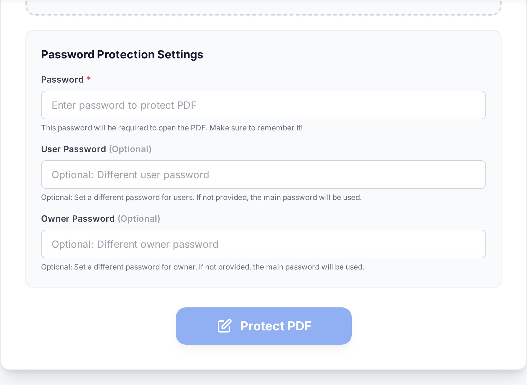 PDF के लिए strong password और AES-256 encryption level set करना