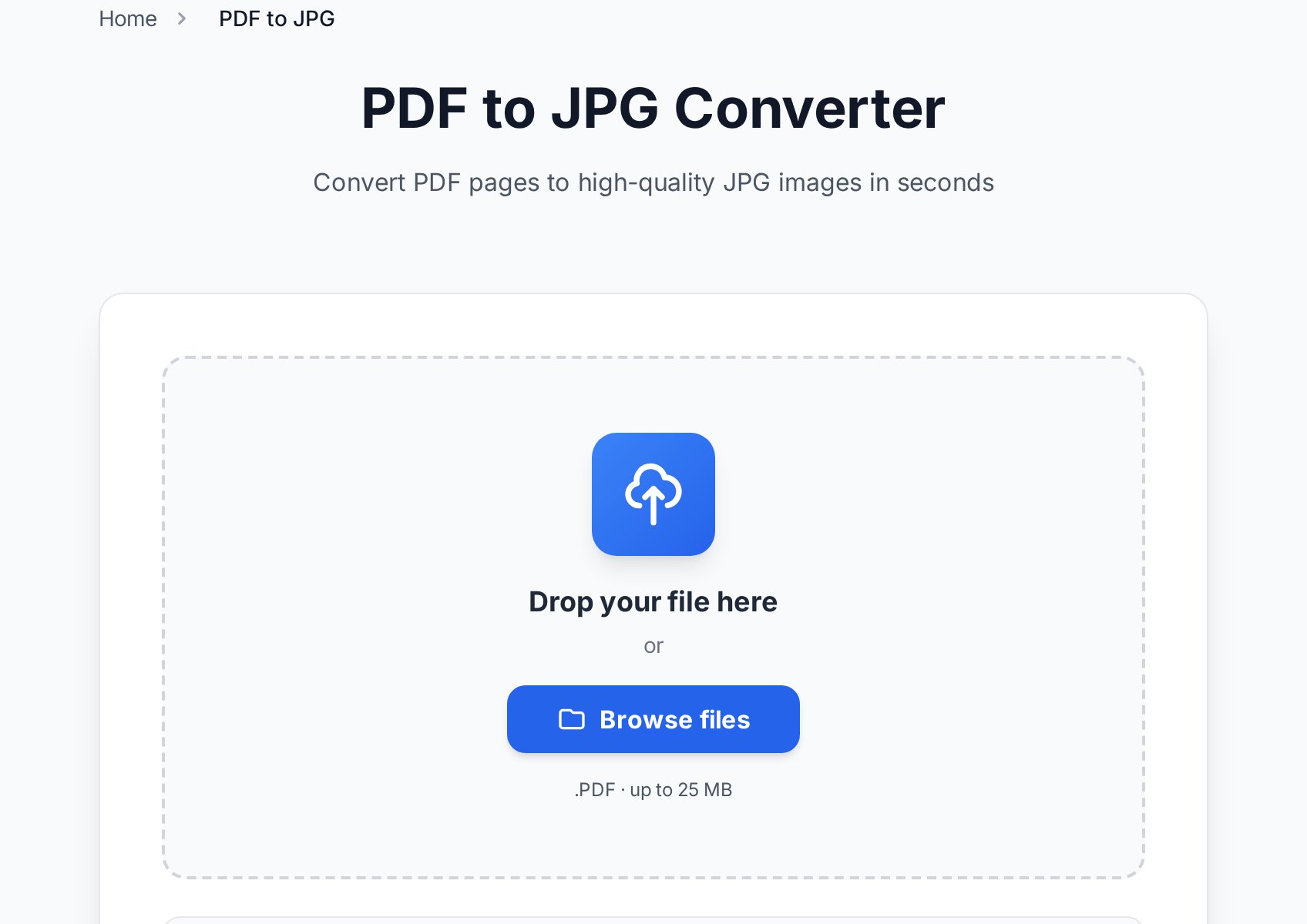 Convertica PDF to JPG converter file upload area के साथ