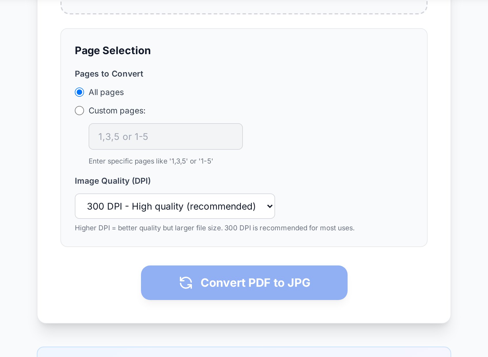 PDF to JPG output options जिनमें page range और resolution शामिल हैं