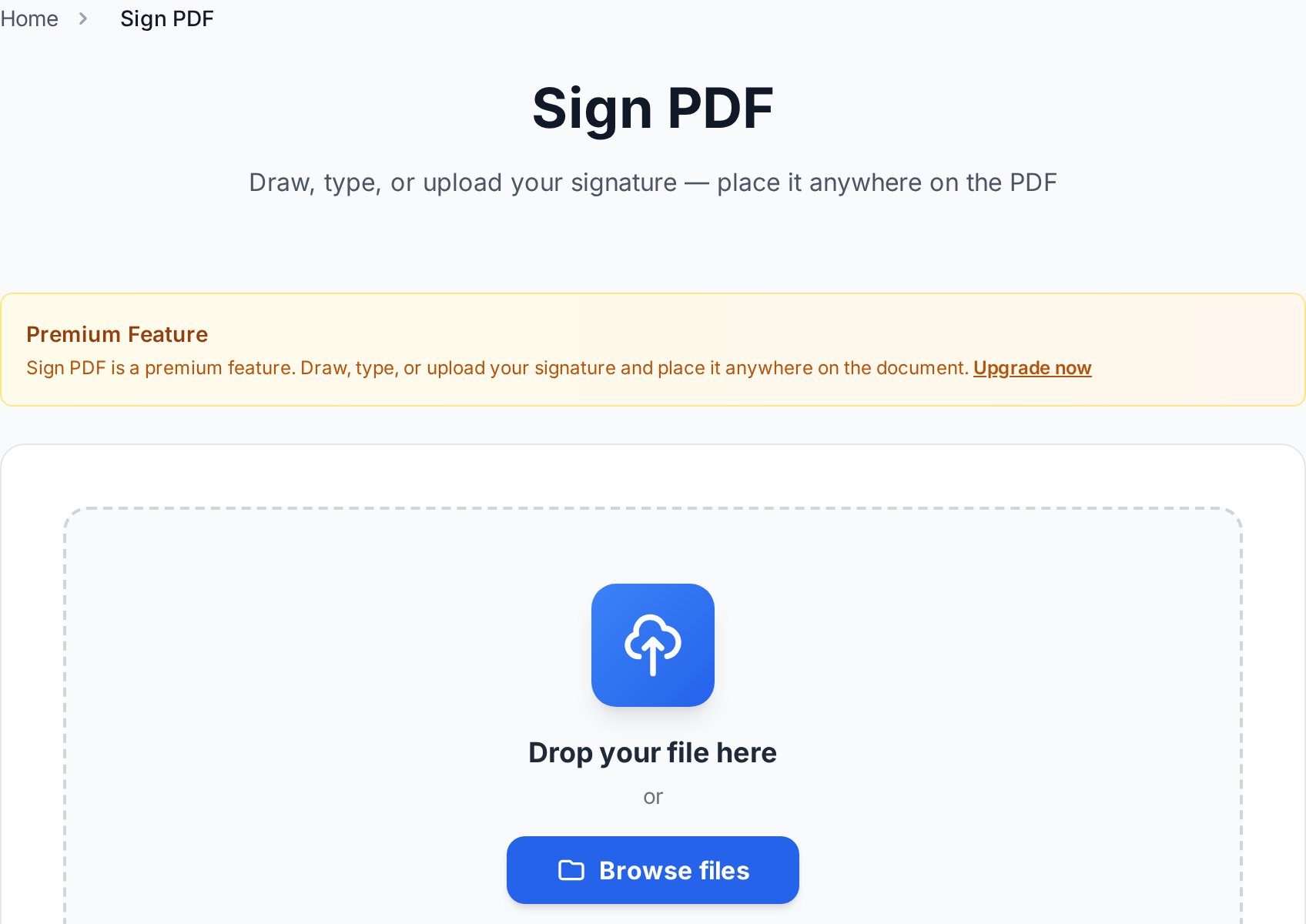 Convertica sign PDF tool किसी document में signature add करने के लिए drop area के साथ