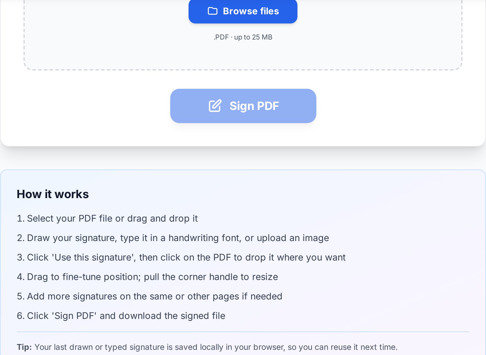Sign PDF tool में signature के options: type, draw, या upload