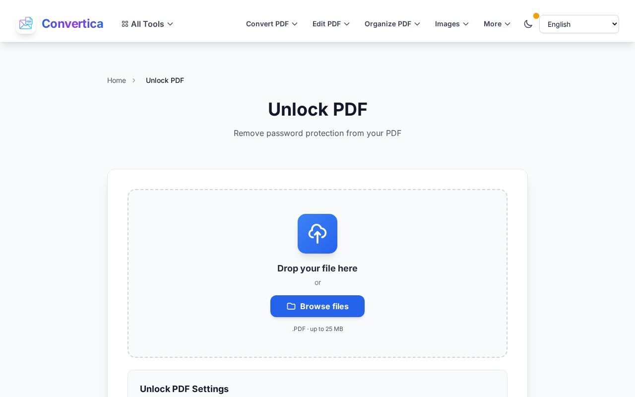 Herramienta Desbloquear PDF de Convertica con un archivo listo para quitarle la contraseña
