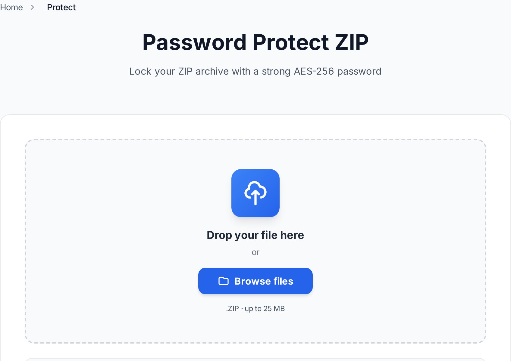 Convertica Protect ZIP tool का upload screen