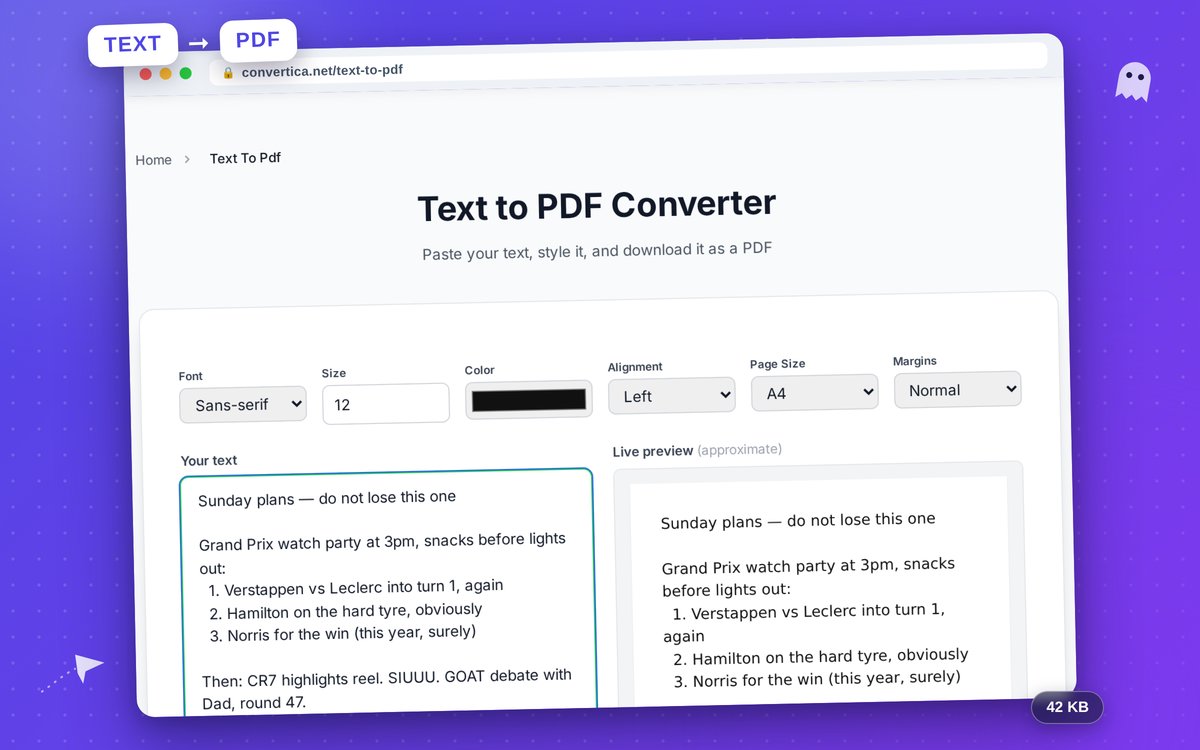 Konwerter tekstu na PDF — zrzut ekranu interfejsu